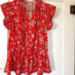 VOY Red Pink White Pleated Floral Blouse V-Neck Ruffled Neck Shift Blouse